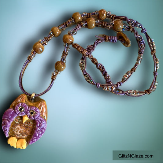 Owl Pendant on Macrame Knotted Leather Necklace