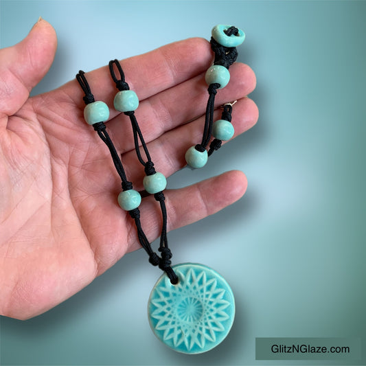 Mint Green Pendant on Macrame Knotted Necklace